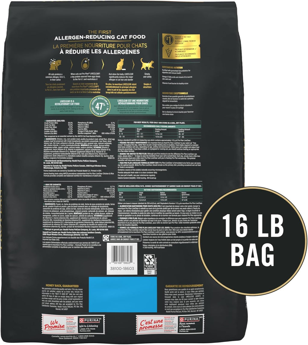 Allergen Reducing, High Protein Cat Food, LIVECLEAR Chicken and Rice Formula - 16 Lb. Bag